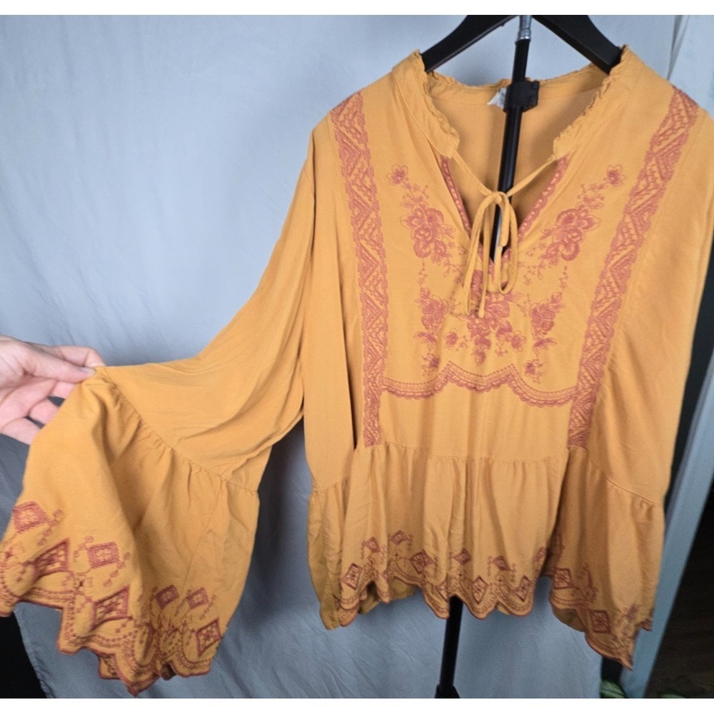 Spiced Orange Boho Embroidered Bell Sleeve Peasant Top Sz 26/28 Floral Hippie - Picture 2 of 15